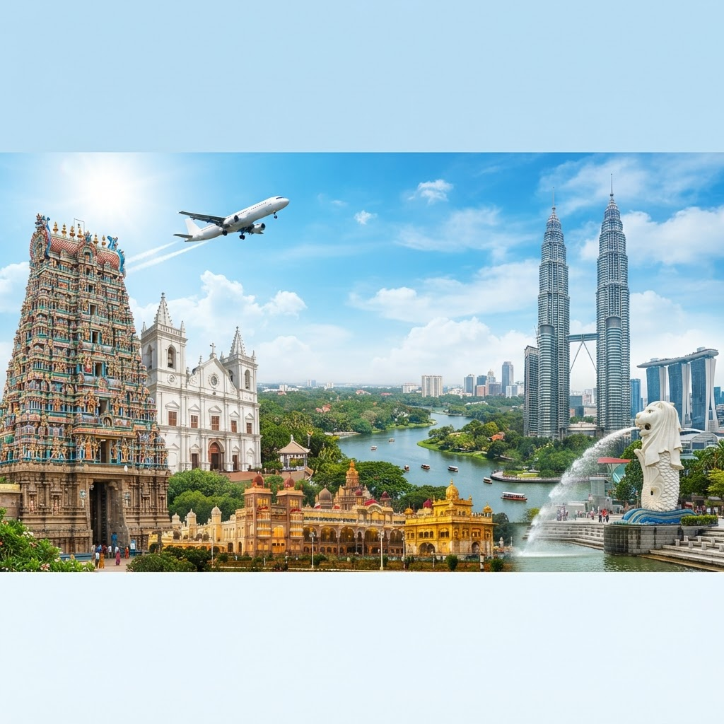 Collage of South Indian temples, an airplane, the Petronas Towers and the Singapore Merlion
